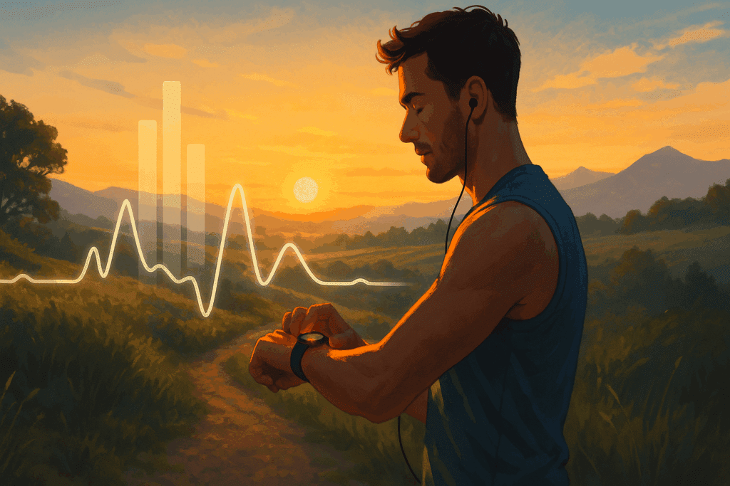 Athlete checking smartwatch on a sunrise trail run, visualizing low heart rate during exercise with subtle glowing graphs in nature.