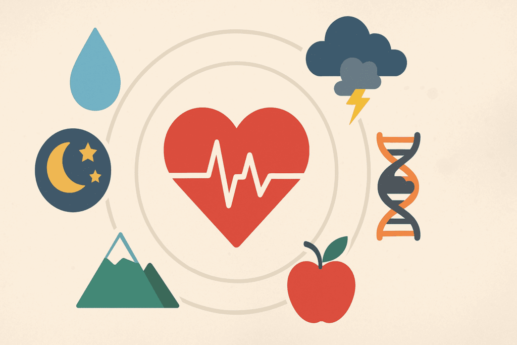Infographic showing factors influencing low heart rate during exercise, with icons for hydration, sleep, stress, hormones, altitude, and nutrition orbiting a heart