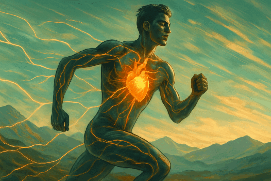 Translucent runner with glowing heart and veins sprinting through mountains, symbolizing endurance and why heart health is important