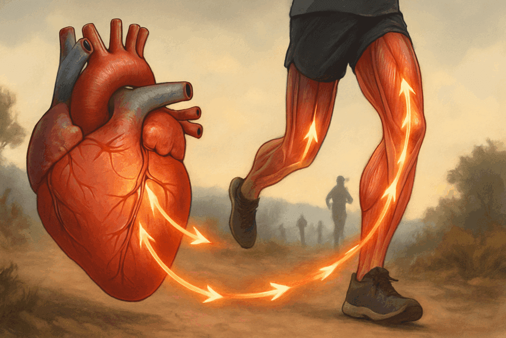 Anatomical heart pumping oxygen-rich blood to leg muscles during a long run, showing why heart health is important for endurance athletes