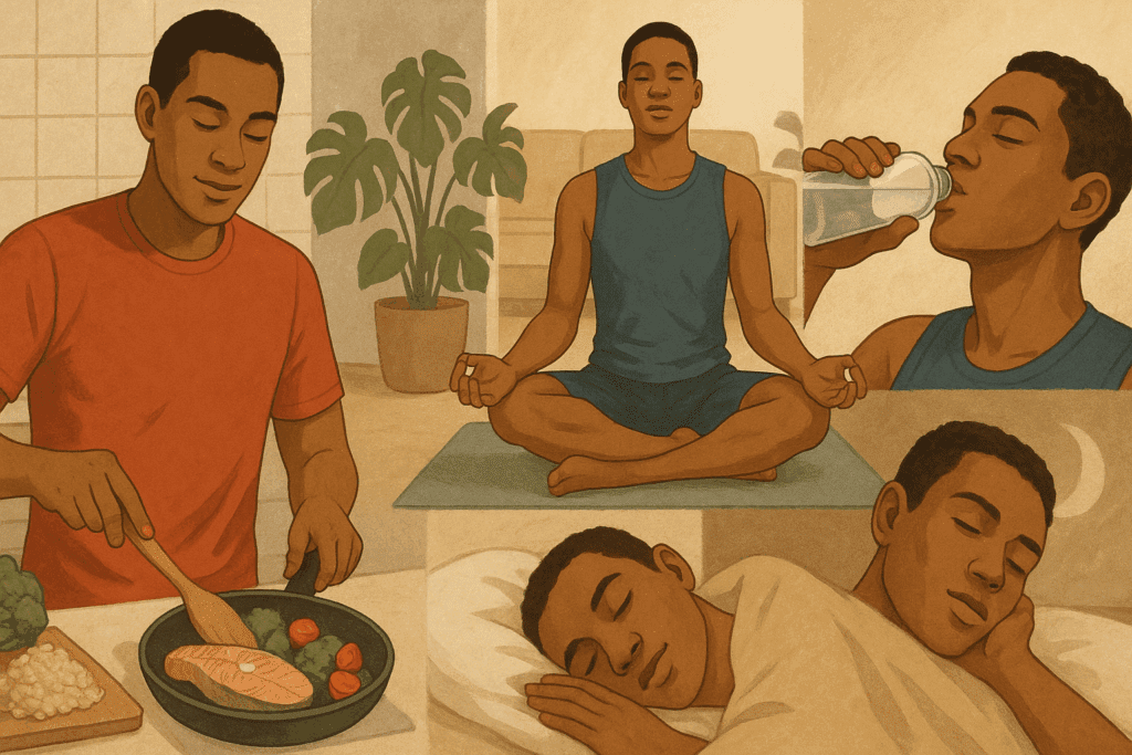 Athlete practicing habits that show why heart health is important—cooking healthy food, doing yoga, sleeping well, and staying hydrated.