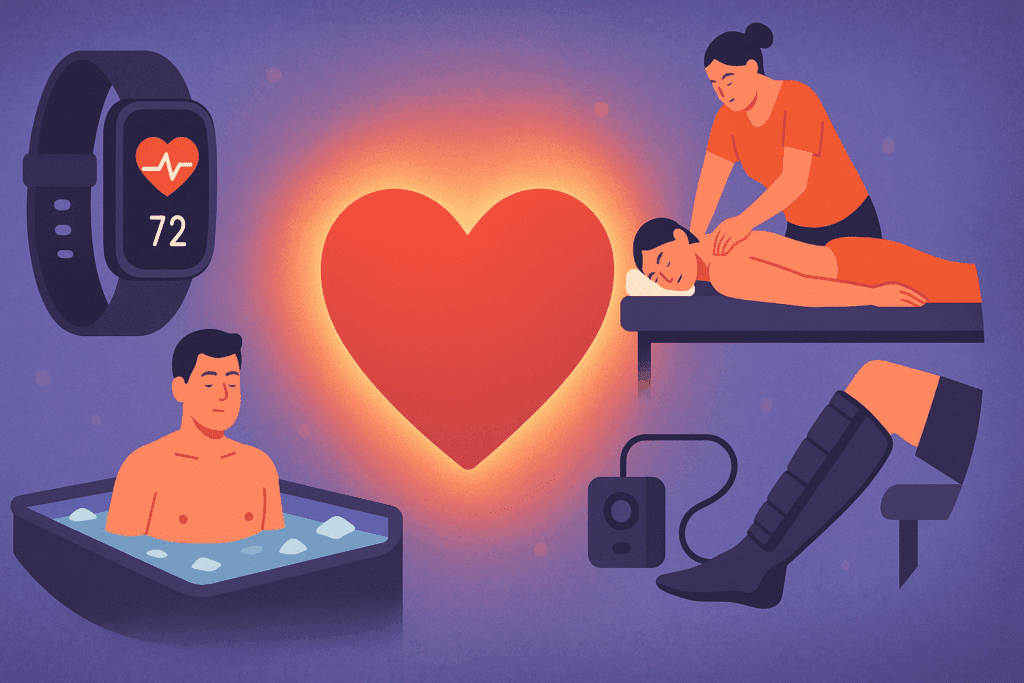 Heart therapies illustrating why heart health is important, including massage, cold plunges, and fitness tracking.