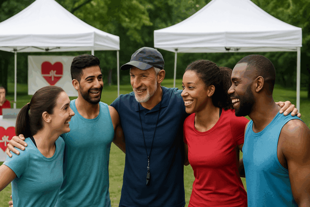 Diverse group of athletes and coach sharing a pre-run moment at a wellness event, highlighting why heart health is important through community support.