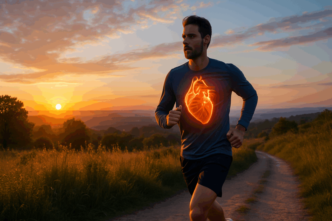 Jogger at sunrise with glowing heart illustration on chest, symbolizing high heart rate after exercise.
