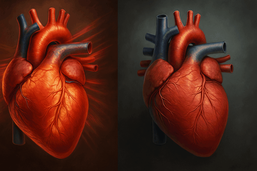 Why You Might Have a High Heart Rate After Exercise: What’s Normal vs. When to Be Concerned 1 Anatomical illustration comparing a human heart with high heart rate after exercise and during post-exercise recovery