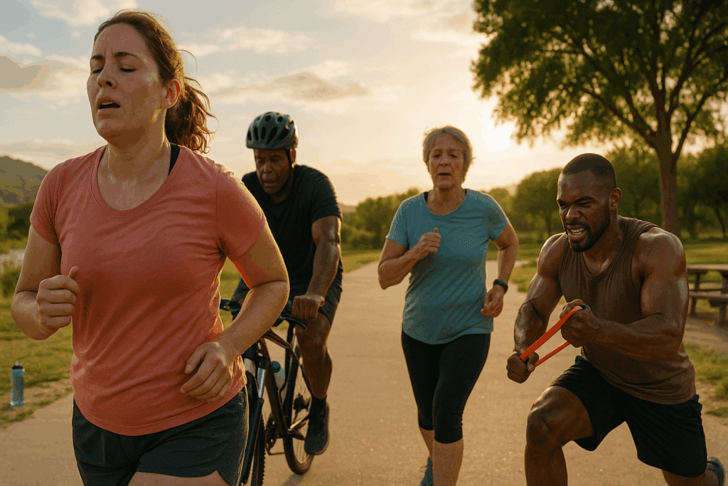 Why You Might Have a High Heart Rate After Exercise: What’s Normal vs. When to Be Concerned 2 Diverse group of people jogging, cycling, and strength training outdoors, showing sweat and exertion from a high heart rate after exercise