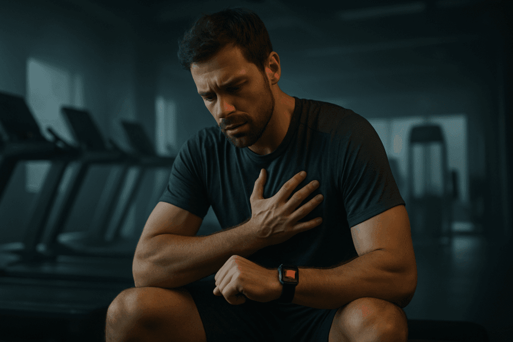 Why You Might Have a High Heart Rate After Exercise: What’s Normal vs. When to Be Concerned 3 Man in workout clothes sitting on a gym bench holding his chest with concern, smartwatch showing high heart rate after exercise.