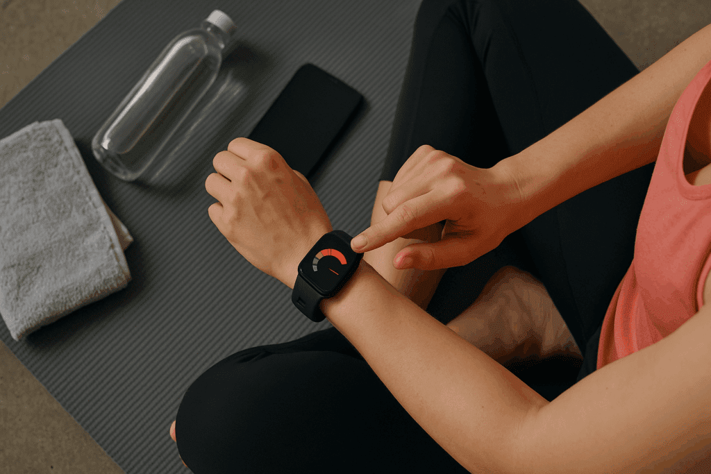 Why You Might Have a High Heart Rate After Exercise: What’s Normal vs. When to Be Concerned 4 Person checking smartwatch for high heart rate after exercise while seated on a gym mat with workout gear nearby