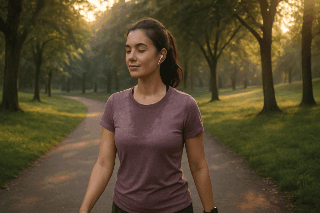 Why You Might Have a High Heart Rate After Exercise: What’s Normal vs. When to Be Concerned 5 Woman cooling down with a walk in a quiet park at sunset, wearing earbuds and a smartwatch after a high heart rate after exercise.