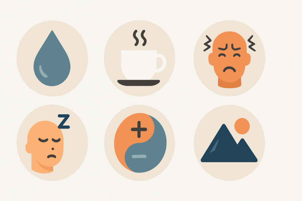 Why You Might Have a High Heart Rate After Exercise: What’s Normal vs. When to Be Concerned 6 Infographic with six icons symbolizing causes of high heart rate after exercise: dehydration, caffeine, stress, poor sleep, low electrolytes, and altitude