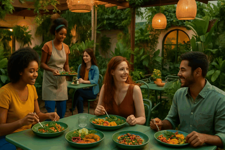 Diverse group enjoying colorful vegan meals at an outdoor garden patio of high-end vegetarian restaurants near you