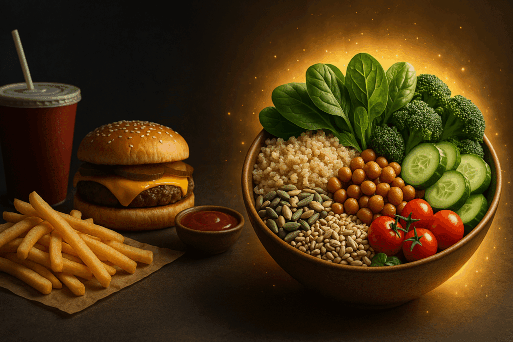 The Ultimate Guide to Plant-Based Restaurants Near You: Discover Top Vegan Spots, Salads, and Takeout Within 5 Miles 1 Contrast between greasy fast food and glowing whole-food bowl of grains, greens, and legumes symbolizing the rise of high-end vegetarian restaurants near you