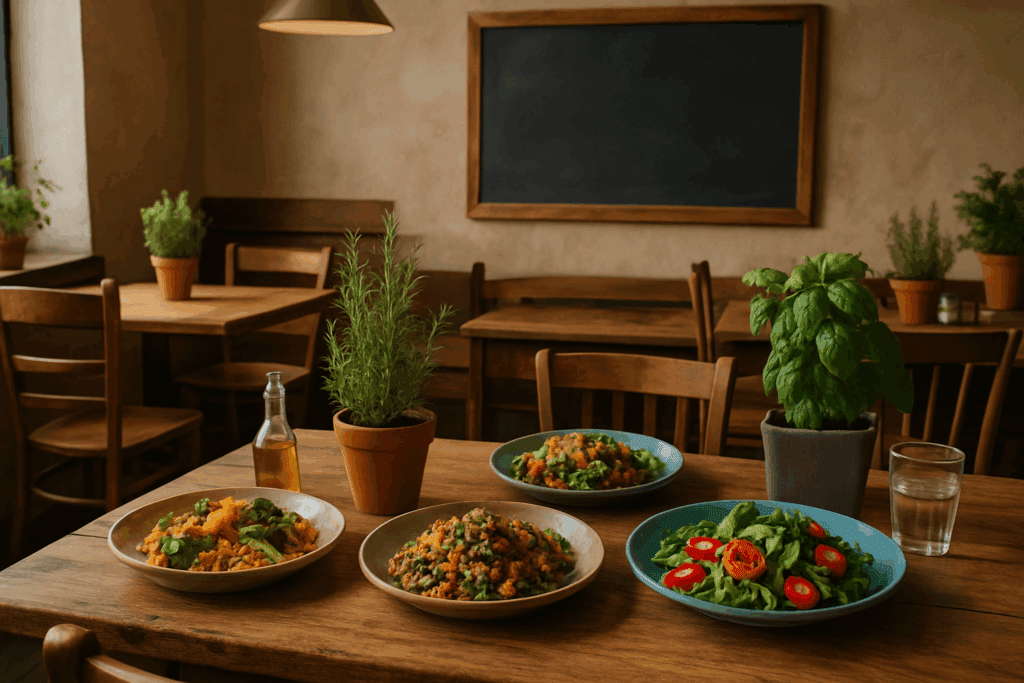 The Ultimate Guide to Plant-Based Restaurants Near You: Discover Top Vegan Spots, Salads, and Takeout Within 5 Miles 2 Cozy interior of one of the high-end vegetarian restaurants near you, featuring rustic wood tables, potted herbs, and colorful plant-based dishes.