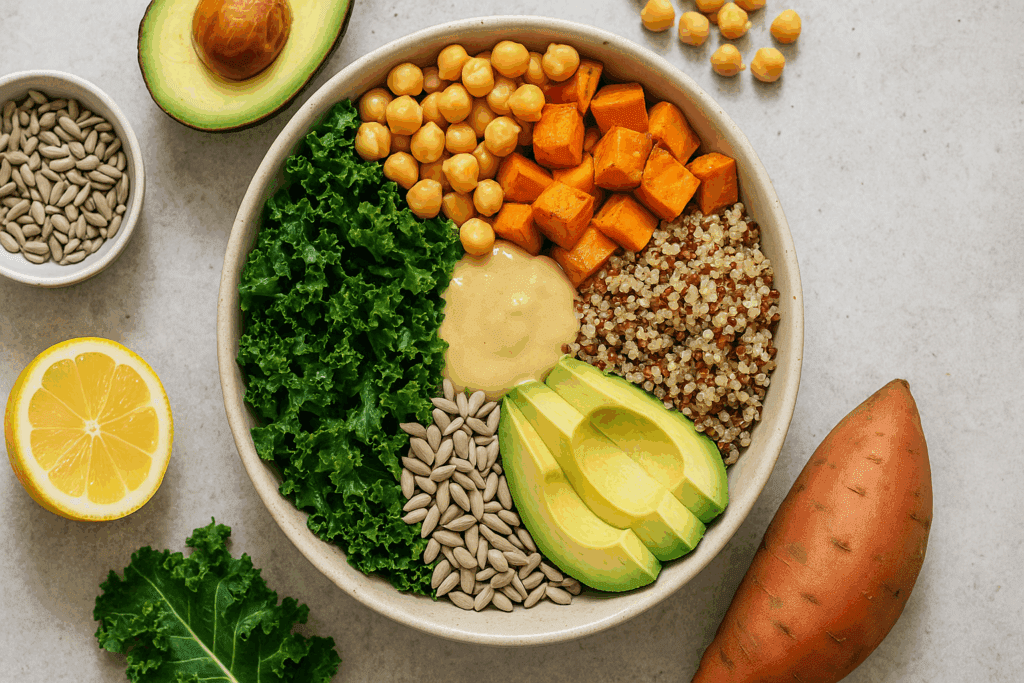 The Ultimate Guide to Plant-Based Restaurants Near You: Discover Top Vegan Spots, Salads, and Takeout Within 5 Miles 3 Colorful vegan salad bowl with kale, quinoa, roasted sweet potato, chickpeas, avocado, and tahini—typical of high-end vegetarian restaurants near you.