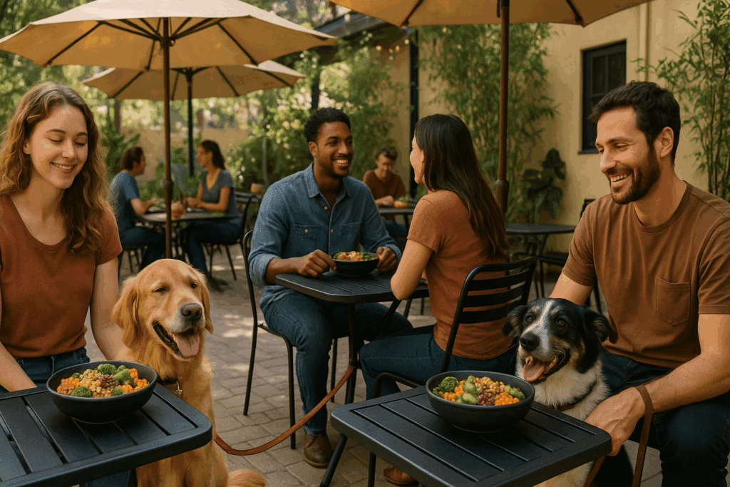 The Ultimate Guide to Plant-Based Restaurants Near You: Discover Top Vegan Spots, Salads, and Takeout Within 5 Miles 4 People dining with dogs on a shaded patio at one of the high-end vegetarian restaurants near you, enjoying colorful vegan meals in a relaxed, pet-friendly setting.