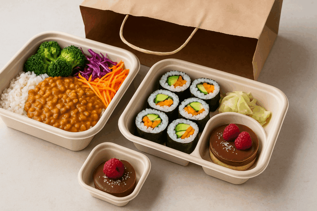 The Ultimate Guide to Plant-Based Restaurants Near You: Discover Top Vegan Spots, Salads, and Takeout Within 5 Miles 5 To-go plant-based meal in eco-friendly containers with lentil curry, vegan sushi, and dessert from high-end vegetarian restaurants near you.